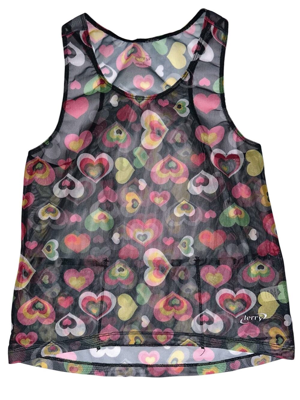 Vintage Terry Bicycles Sheer Mesh Multicolor Hearts Cycling Tank Top Size S